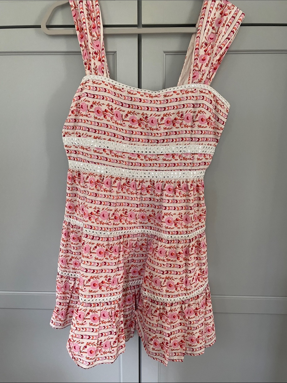 SAYLOR Pink Floral Striped Romper with Ruffle Hem